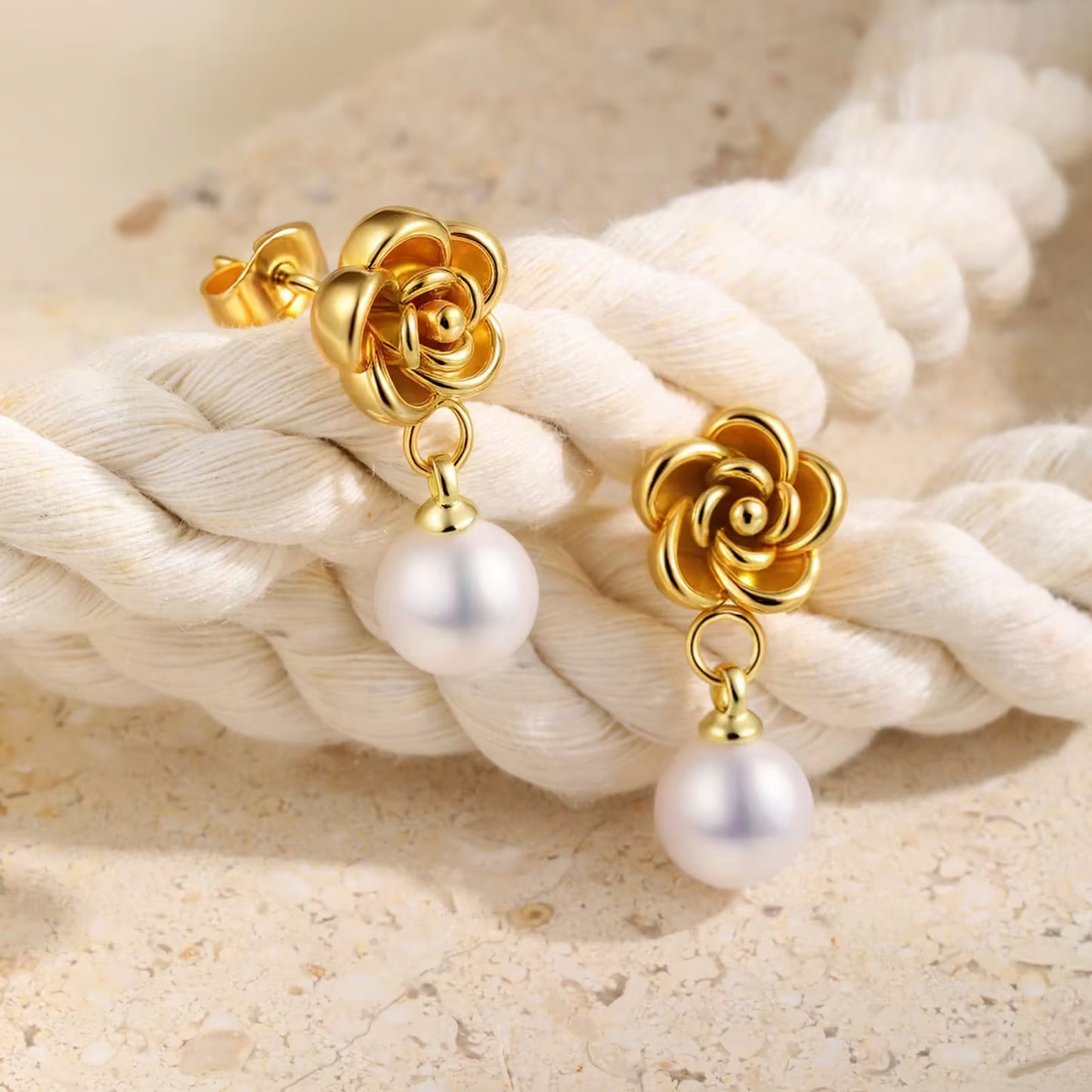 Camellia Earrings – 18K Gold Plated Floral Pearl Drop Earrings