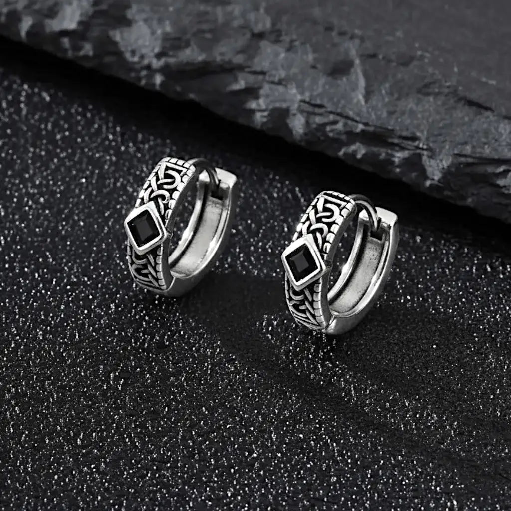 Alvora Ashdrin Viking Hoop Earrings for Men | Black Onyx Vintage Punk Jewelry
