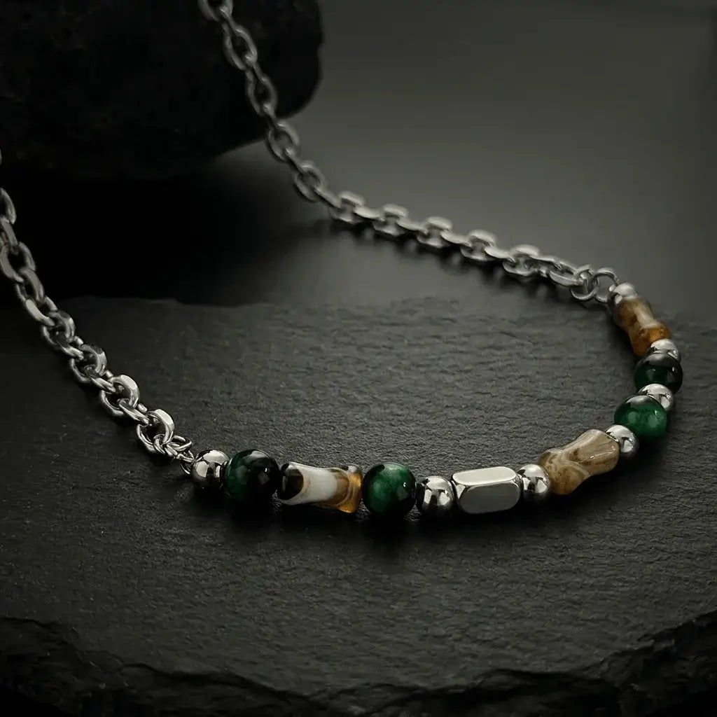 Marlowe natural stone chain necklace with green and amber beads on silver chain