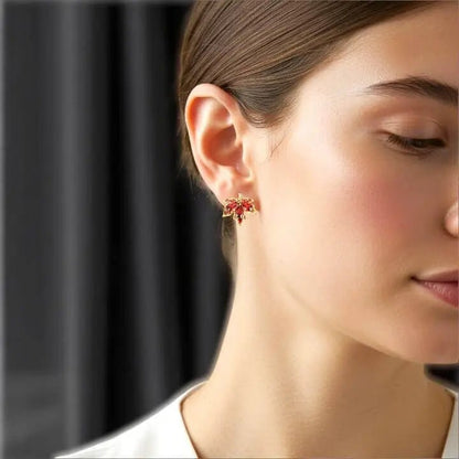 Alvora Autumira Crimson Leaf Earrings – 18K Gold Fall Elegance Jewelry
