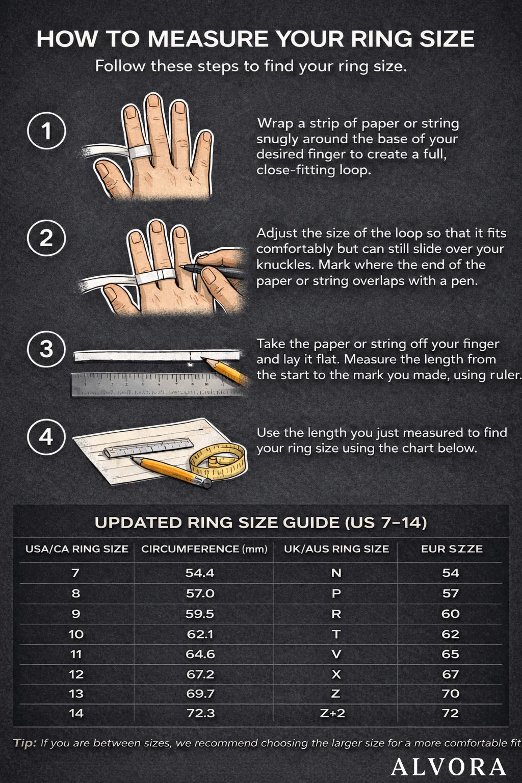 Instructions on how to measure ring size with illustrations and a chart.