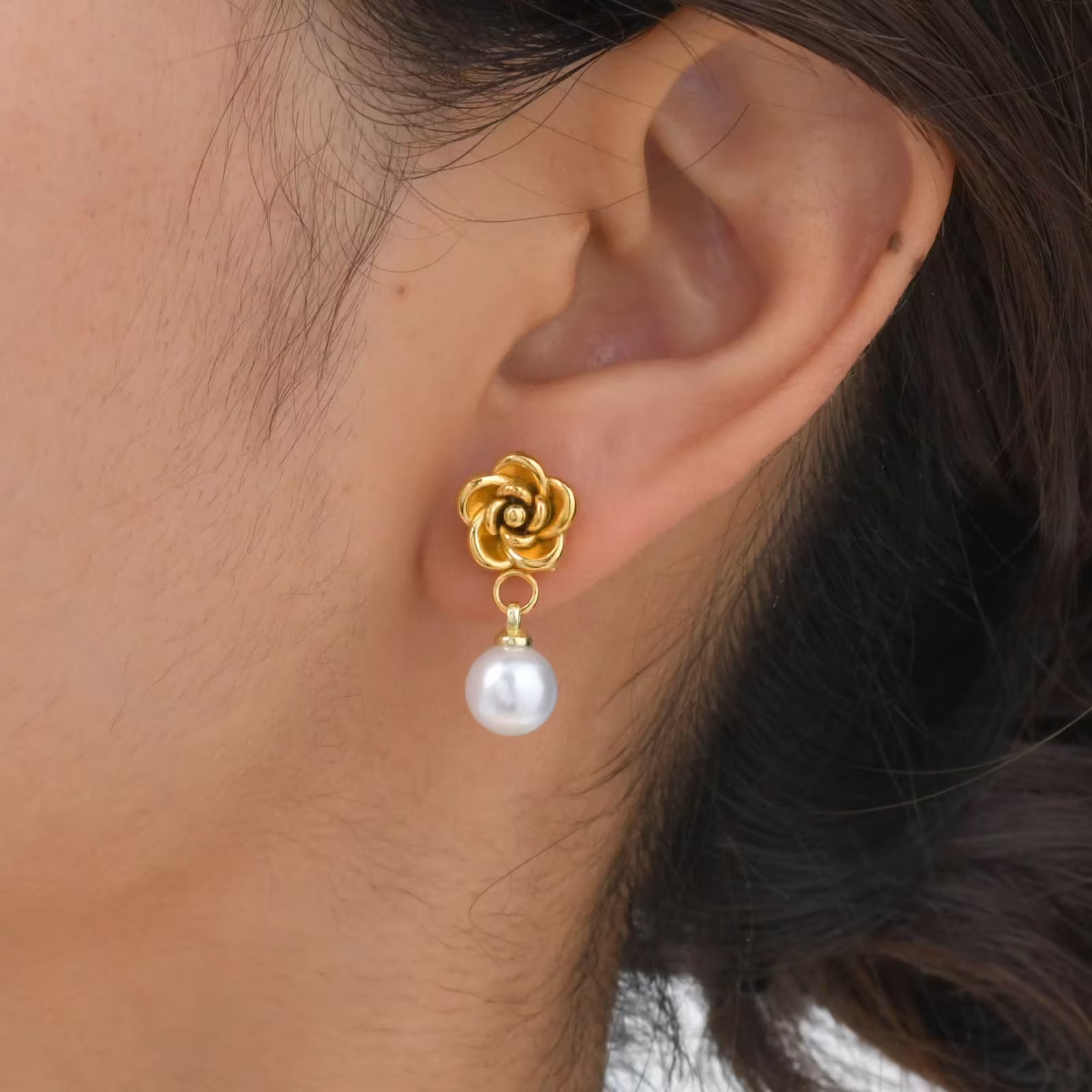 Camellia Earrings – 18K Gold Plated Floral Pearl Drop Earrings