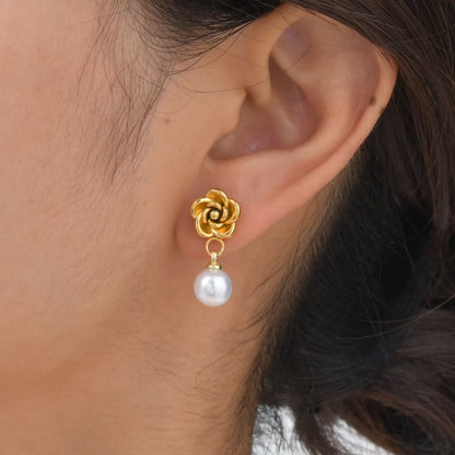 Camellia Earrings – 18K Gold Plated Floral Pearl Drop Earrings