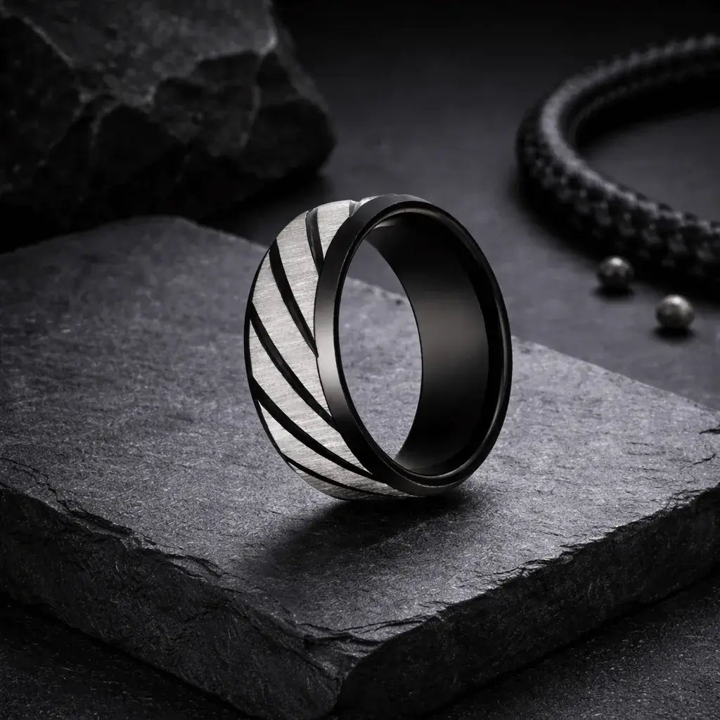 Alvora Aetherline | Modern Wave Black & Gold Stainless Steel Ring