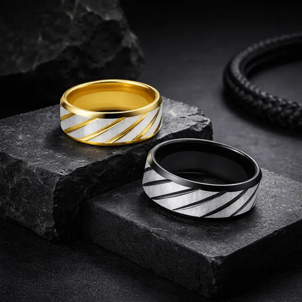 Alvora Aetherline | Modern Wave Black & Gold Stainless Steel Ring