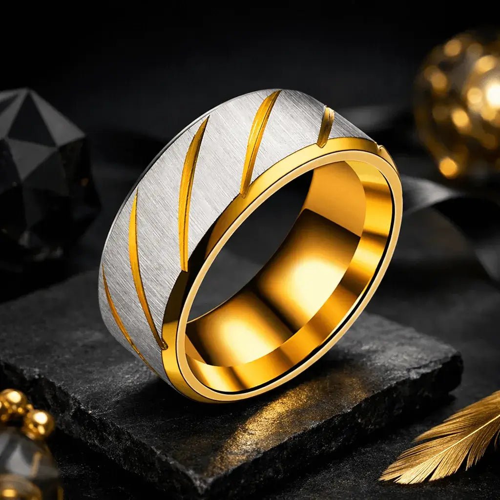 Alvora Aetherline | Modern Wave Black & Gold Stainless Steel Ring
