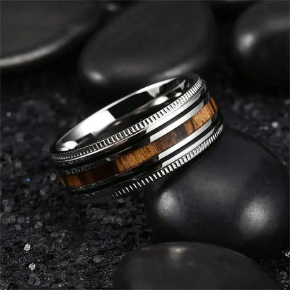 Alvora Arboris Ring | 8mm Silver Wood Grain Stainless Steel 