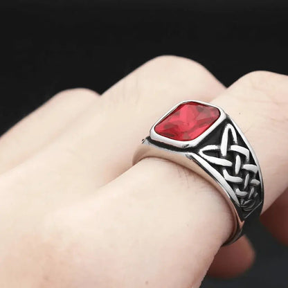 Alvora Ashen Crimson Men’s Signet Ring | Red Stone Nordic Rune