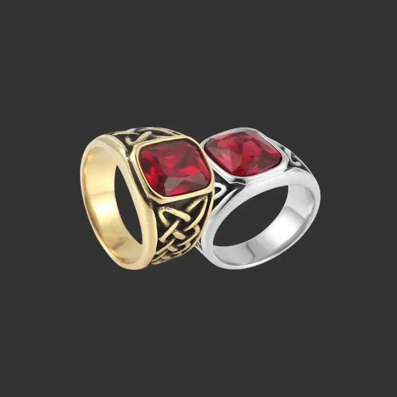 Alvora Ashen Crimson Men’s Signet Ring | Red Stone Nordic Rune