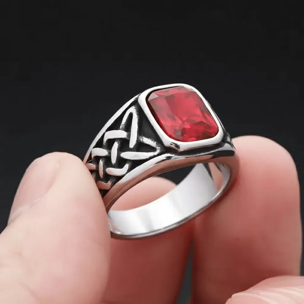 Alvora Ashen Crimson Men’s Signet Ring | Red Stone Nordic Rune