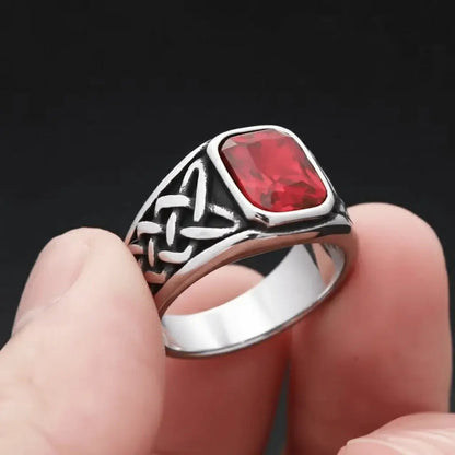 Alvora Ashen Crimson Men’s Signet Ring | Red Stone Nordic Rune