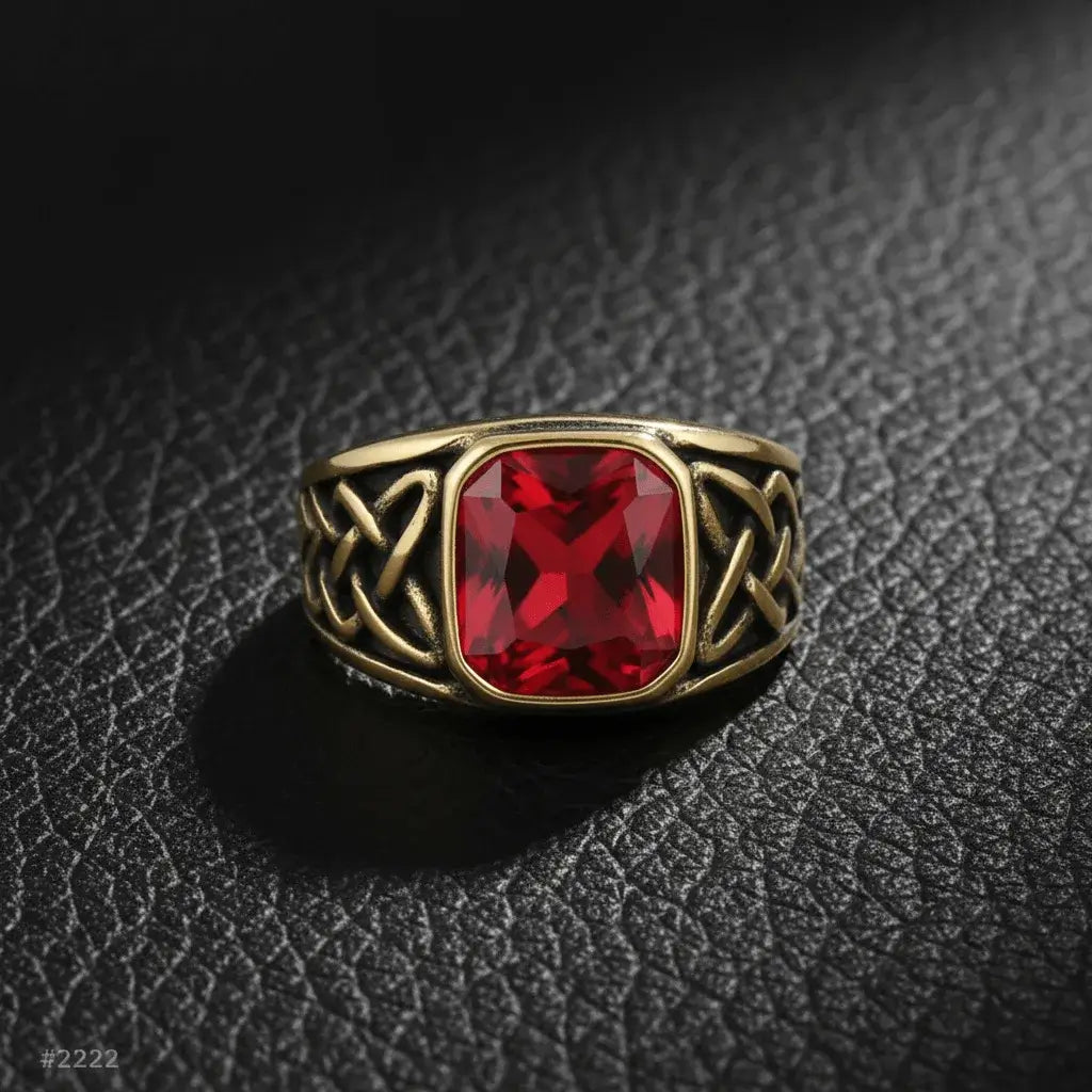 Alvora Ashen Crimson Men’s Signet Ring | Red Stone Nordic Rune