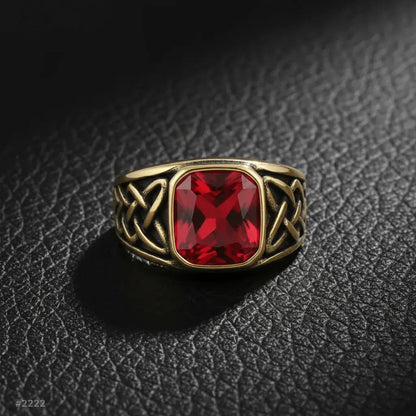 Alvora Ashen Crimson Men’s Signet Ring | Red Stone Nordic Rune