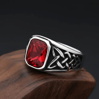 Alvora Ashen Crimson Men’s Signet Ring | Red Stone Nordic Rune