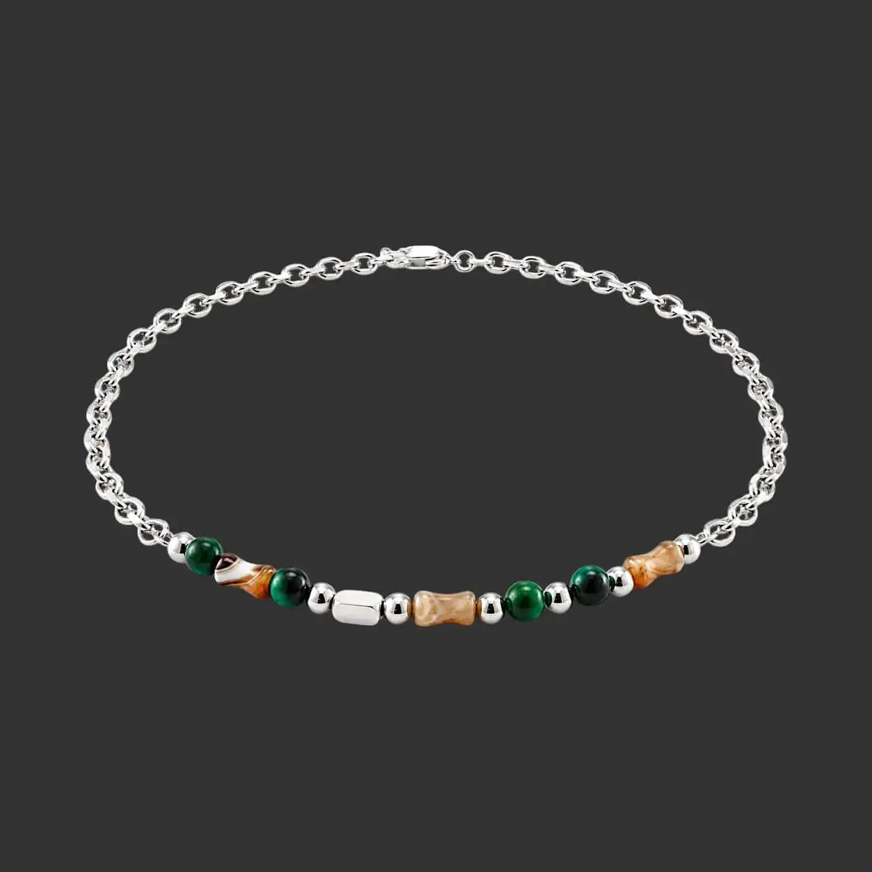 Marlowe natural stone chain necklace with green and amber beads on silver chain