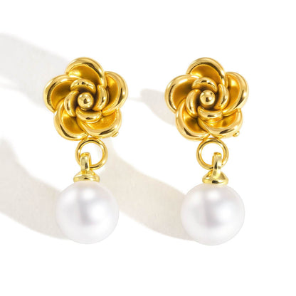 Camellia Earrings – 18K Gold Plated Floral Pearl Drop Earrings