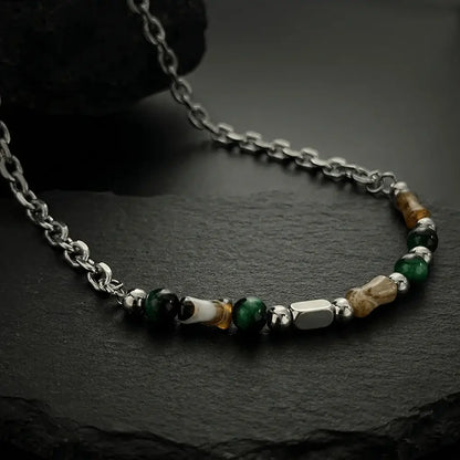 Marlowe natural stone chain necklace with green and amber beads on silver chain