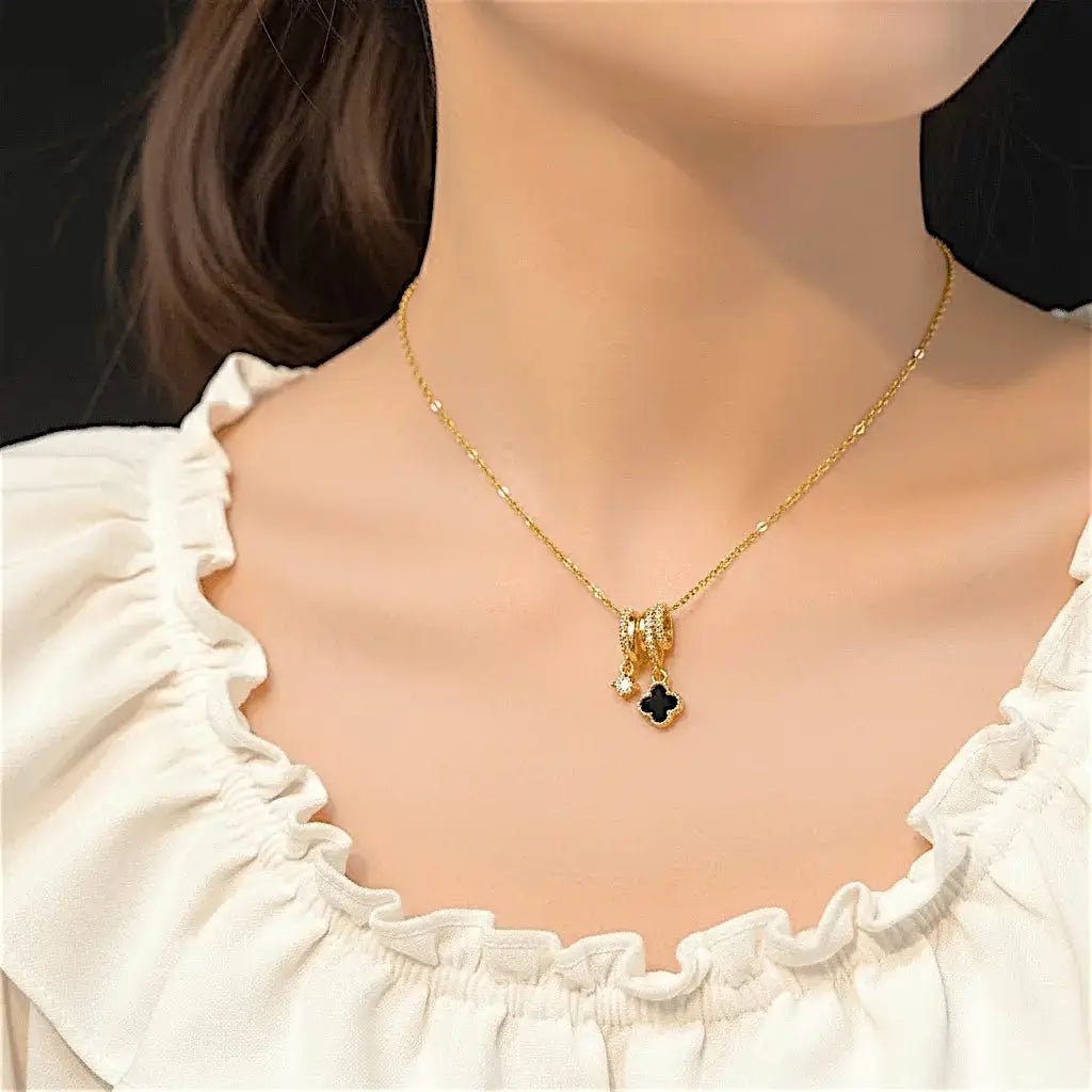 Alvora Cloravie Black Clover Necklace – Gold & Silver Waterproof Jewelry