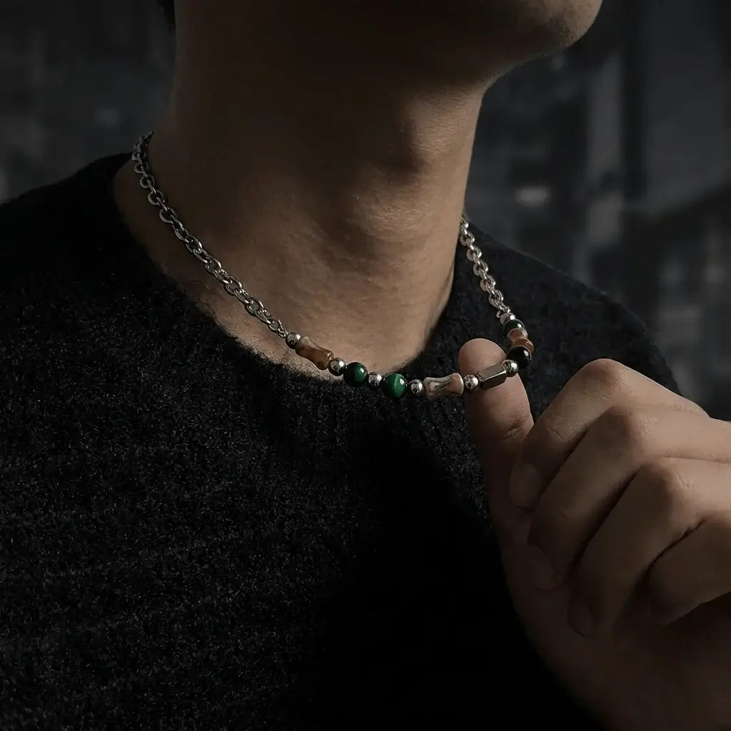 Marlowe natural stone chain necklace with green and amber beads on silver chain