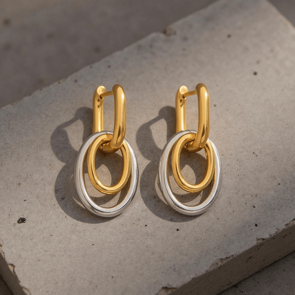Duella Earrings – Two-Tone Interlocking Hoop Earrings in Stainless Steel