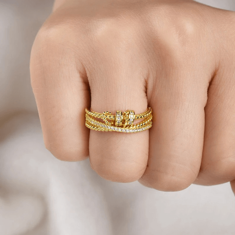 Elyndra Gold Ring – Layered Band with Shimmering Crystals