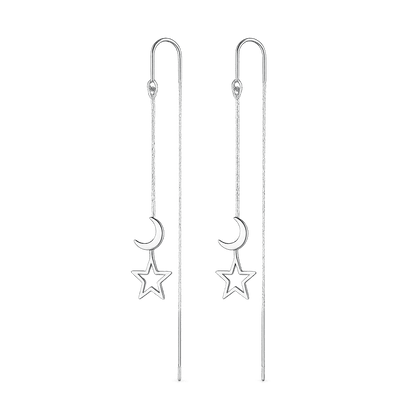 Alvora Elyune Earrings – Minimal Silver Moon & Star Threader Drop Jewelry