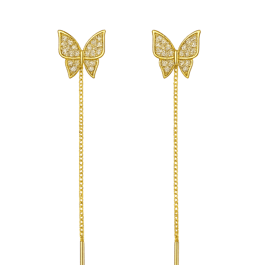 Alvora Maripelle 18K gold-plated butterfly threader earrings with pave stones and adjustable chain drop