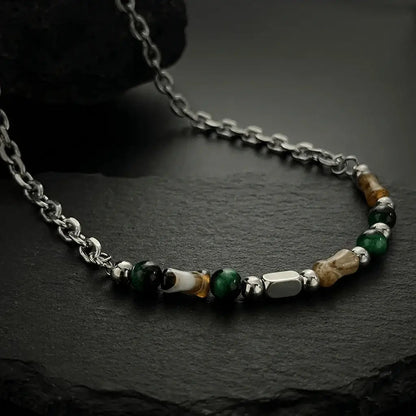 Marlowe natural stone chain necklace with green and amber beads on silver chain