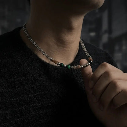 Marlowe natural stone chain necklace with green and amber beads on silver chain