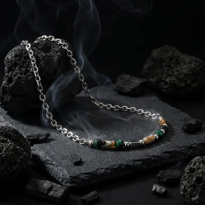 Marlowe natural stone chain necklace with green and amber beads on silver chain