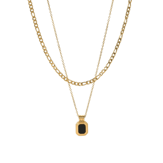 Nioris Necklace – Double Layer Gold Chain with Black Pendant
