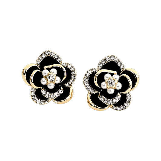 Alvora Noifleur Black Floral Earrings – Elegant Pearl Design