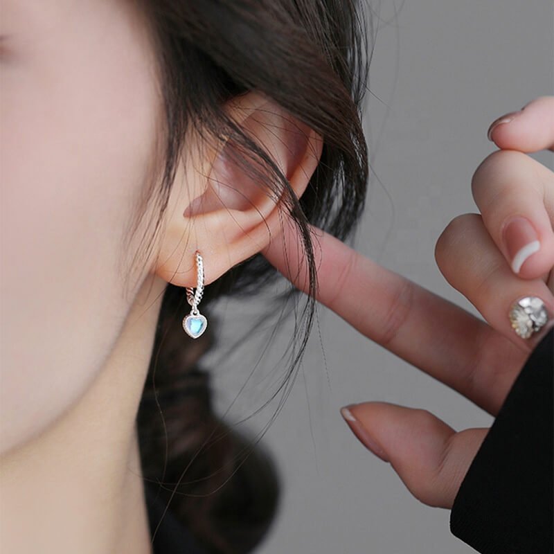 Alvora Opalune Earrings | Iridescent Heart Opal Hoop Earrings in Silver