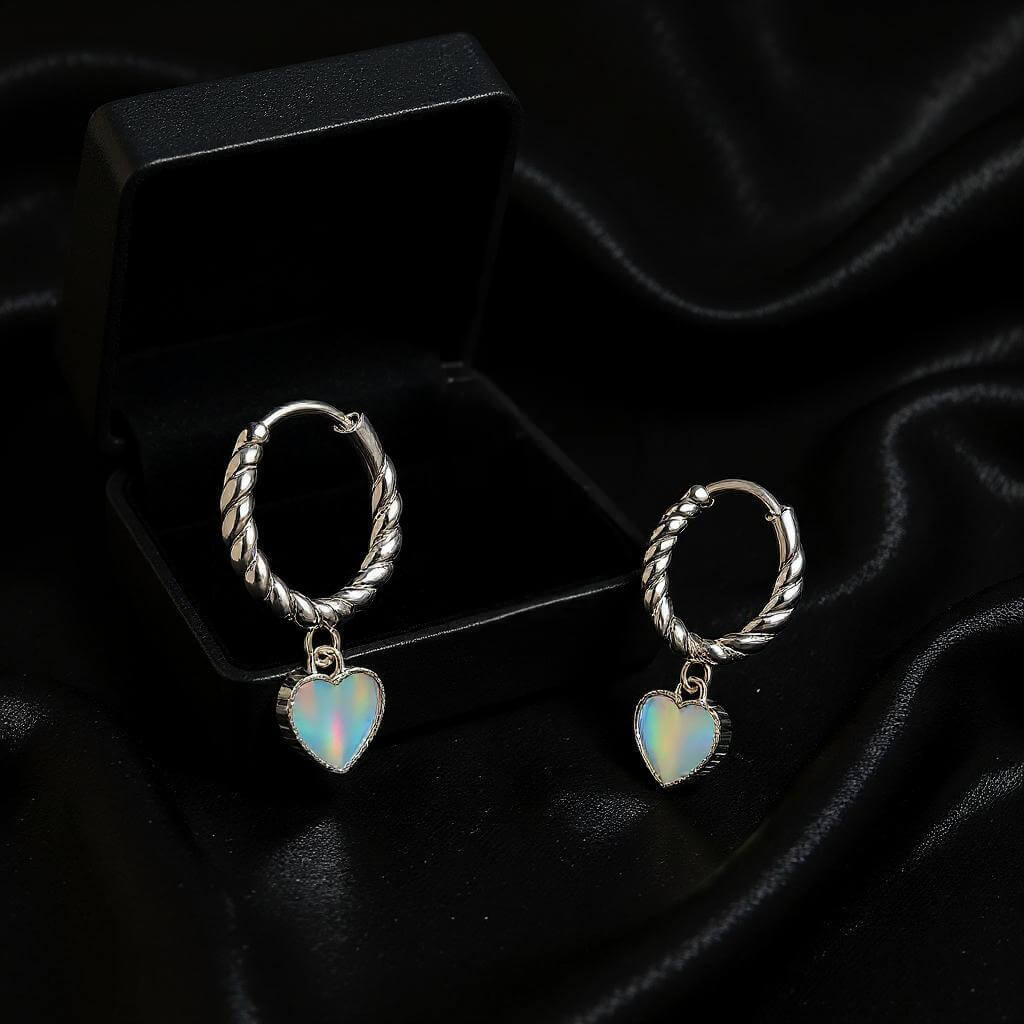 Alvora Opalune Earrings | Iridescent Heart Opal Hoop Earrings in Silver