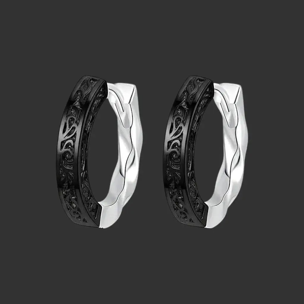 Alvora Skarn Hoop Earrings – Silver & Black Clash Vintage Huggie Jewelry