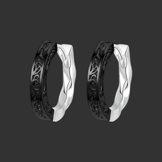 Alvora Skarn Hoop Earrings – Silver & Black Clash Vintage Huggie Jewelry