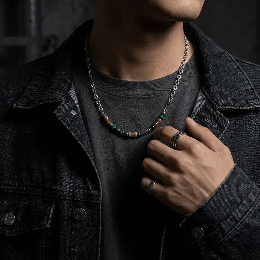 Marlowe natural stone chain necklace with green and amber beads on silver chain