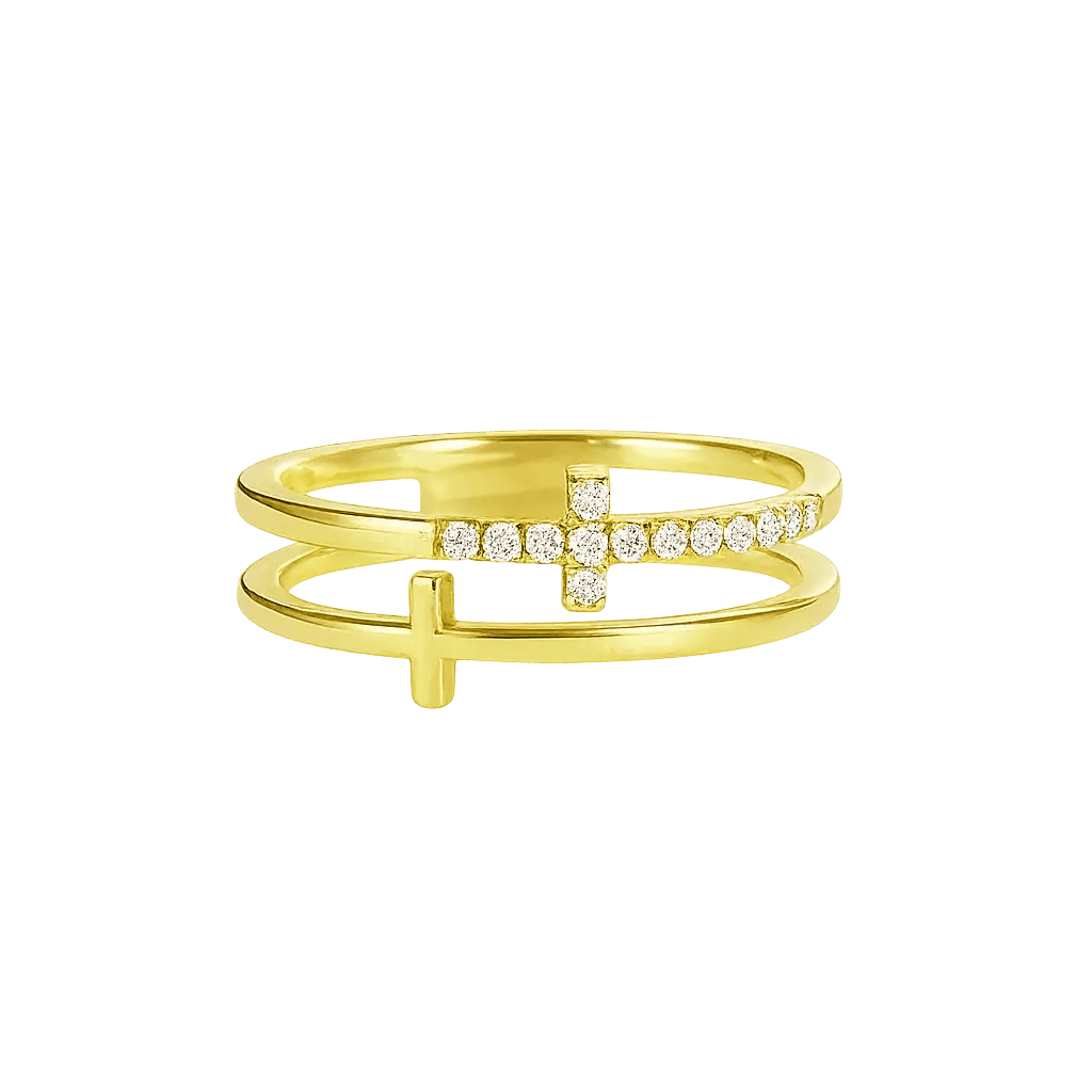 Alvora Vérité Ring | Minimalist Gold Cross Double Band Crystal Ring