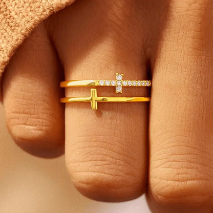 Alvora Vérité Ring | Minimalist Gold Cross Double Band Crystal Ring