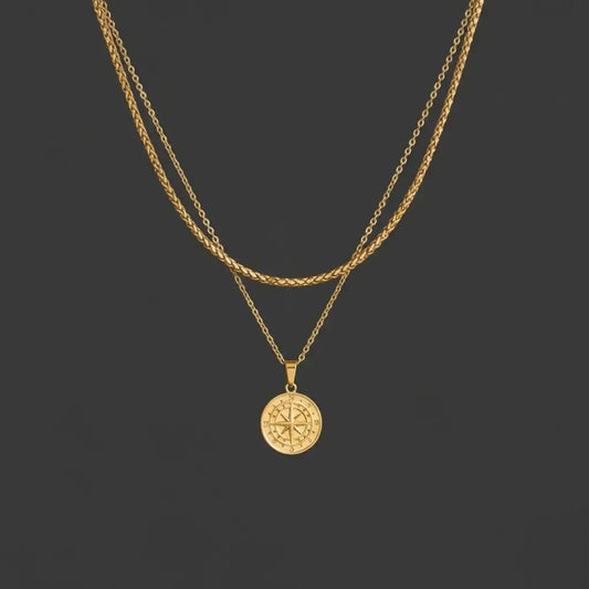 Alvora Vestra Gold Double Layer Compass Necklace – Waterproof Men’s Jewelry
