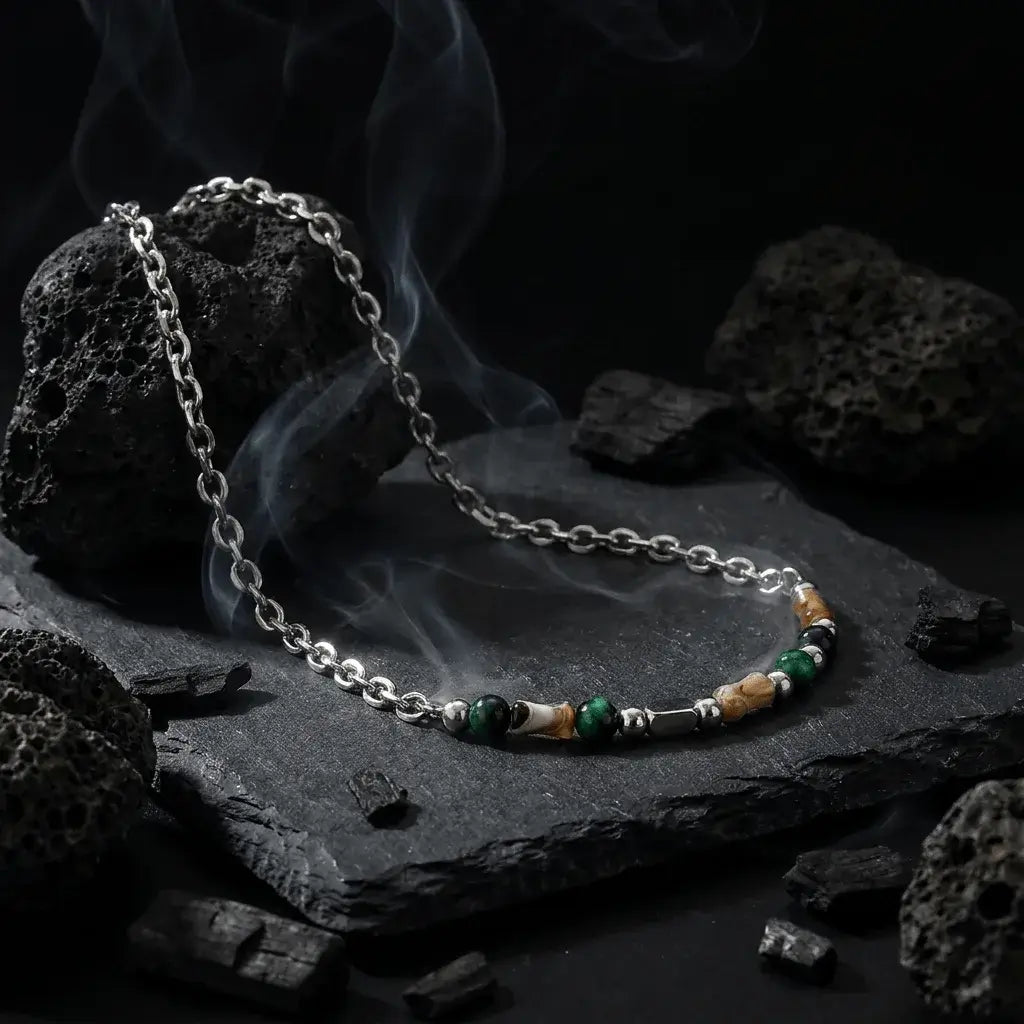 Marlowe natural stone chain necklace with green and amber beads on silver chain