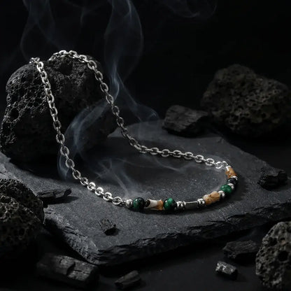 Marlowe natural stone chain necklace with green and amber beads on silver chain